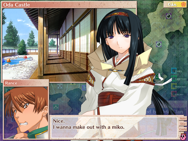 KaroshiMyriad's tweet photo. I received a Steam key of Sengoku Rance from @KaguraGames, so I decided to try the unpatched all-ages version to see how it compares to the original.

Not going to lie, I'm actually quite impressed by the amount of effort that went into making a PG-13 Rance. Admittedly, I expected them to take the easy way out and omit most of the story content while only keeping the RPG gameplay. Instead, it was clear that they worked hard on maintaining a complete story by keeping as much of the content the same as possible while reworking scenes to make them more wholesome.

Rance is now a man whose goal is to conquer many women by smooching them and seems to like massaging their shoulders as well. While a lot of the H scenes have been omitted, I was surprised to see some turning into kissing competitions instead.

Truly the wholesome, cute, adventure RPG that was foretold long ago! Of course, there is a free patch that restores the original content, but I can see this all-ages version useful for those that want to stream the game. (And maybe even perhaps a way to get Rance on consoles.) While a "streamer-friendly" version already exists, it keeps most of the NSFW text which may come with a risk of getting flagged by the streaming platform.

It definitely must have been a Herculean task to edit such a long visual novel into an all-ages game while keeping a coherent story, and having it approved by Steam no less. I applaud everyone involved with the project and it'll be interesting to see how the other Rance games will shape up. Again, I will reiterate that there is a free content restoration patch so you are not stuck with a kiss-obsessed Rance!