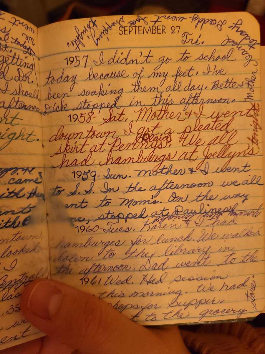 SimonSimplicio's tweet photo. My wife found an 11-year-old girl's diary at the antique store. She read me an entry from 1957 in which the girl writes: “I didn't go to school today because of my feet. I've been soaking them all day.” Now my wife and I are crying. https://t.co/d7nmpvIAVe