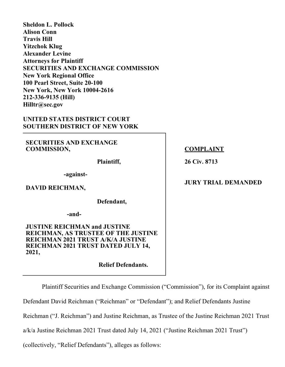 kshaughnessy2's tweet photo. $GTII 

SEC sues 82 year old former CEO, David Reichman, in Manhattan Federal Court, accusing him of siphoning millions from shareholders. 

His 54-year-old daughter and her trust are named so the SEC can claw back the cash and the house.

“From approximately 2016 to June 2024 Defendant 
Reichman…engaged in a 
fraudulent scheme in which he caused Global Tech to issue tens of millions of shares of its stock 
to his daughter, ex-wife, girlfriend, and an affiliated entity…by falsely telling Global Tech’s investors, and in some cases, its Board of 
Directors and transfer agents, that these issuances were for services rendered…

In fact, as Reichman knew or recklessly disregarded, the Share Recipients did not provide any services to Global Tech….” 

@kimkep4796