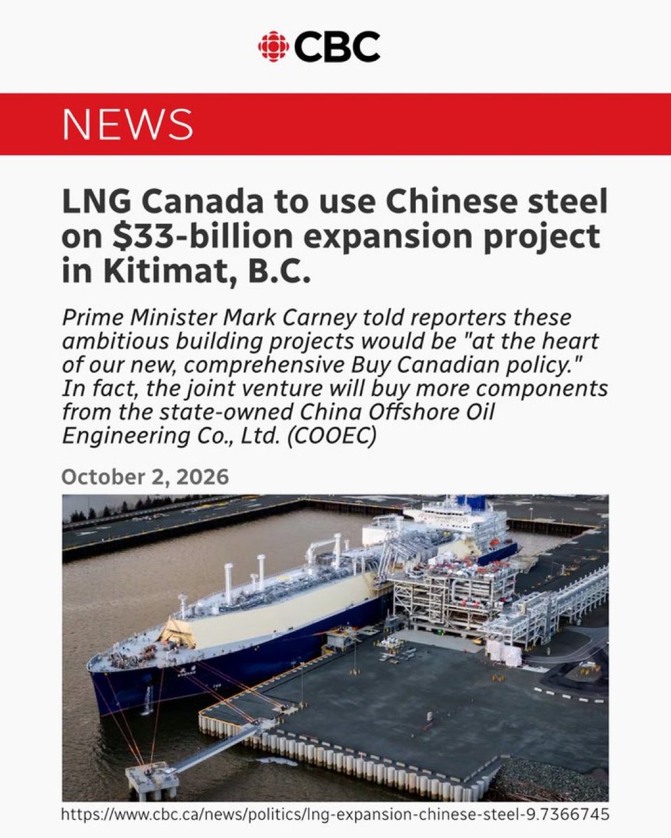 YoungStreete's tweet photo. What happened to Mark Carney’s  “Canada will be its own best customer” and “buy Canadian”?

Imagine how many jobs would be saved and created using CANADIAN steel. 

If “BUY CANADIAN” doesn’t apply when Canada is building a $33 billion LNG expansion, when does it apply?

What a betrayal of Canadian steel workers by the Liberal government.