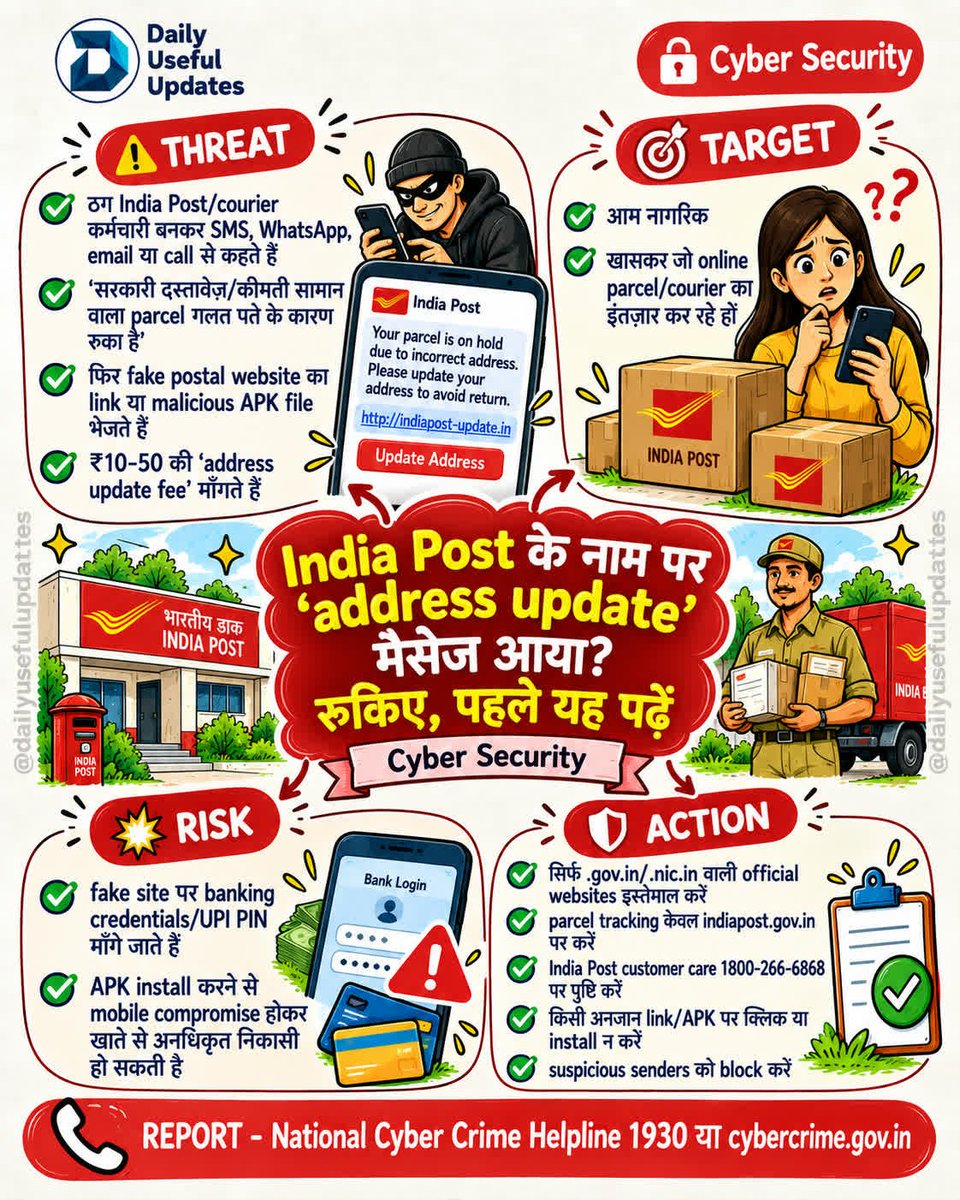 UsefulUpdatesIN's tweet photo. India Post के नाम पर "address update" मैसेज आया? रुकिए, पहले यह पढ़ें

क्या आपके पास भी ऐसा parcel वाला मैसेज आया है? परिवार को भेजिए।

#CyberSecurity #ScamAlert
#DailyUsefulUpdates https://t.co/Lc33rwkIgK