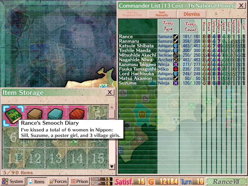KaroshiMyriad's tweet photo. I received a Steam key of Sengoku Rance from @KaguraGames, so I decided to try the unpatched all-ages version to see how it compares to the original.

Not going to lie, I'm actually quite impressed by the amount of effort that went into making a PG-13 Rance. Admittedly, I expected them to take the easy way out and omit most of the story content while only keeping the RPG gameplay. Instead, it was clear that they worked hard on maintaining a complete story by keeping as much of the content the same as possible while reworking scenes to make them more wholesome.

Rance is now a man whose goal is to conquer many women by smooching them and seems to like massaging their shoulders as well. While a lot of the H scenes have been omitted, I was surprised to see some turning into kissing competitions instead.

Truly the wholesome, cute, adventure RPG that was foretold long ago! Of course, there is a free patch that restores the original content, but I can see this all-ages version useful for those that want to stream the game. (And maybe even perhaps a way to get Rance on consoles.) While a "streamer-friendly" version already exists, it keeps most of the NSFW text which may come with a risk of getting flagged by the streaming platform.

It definitely must have been a Herculean task to edit such a long visual novel into an all-ages game while keeping a coherent story, and having it approved by Steam no less. I applaud everyone involved with the project and it'll be interesting to see how the other Rance games will shape up. Again, I will reiterate that there is a free content restoration patch so you are not stuck with a kiss-obsessed Rance!