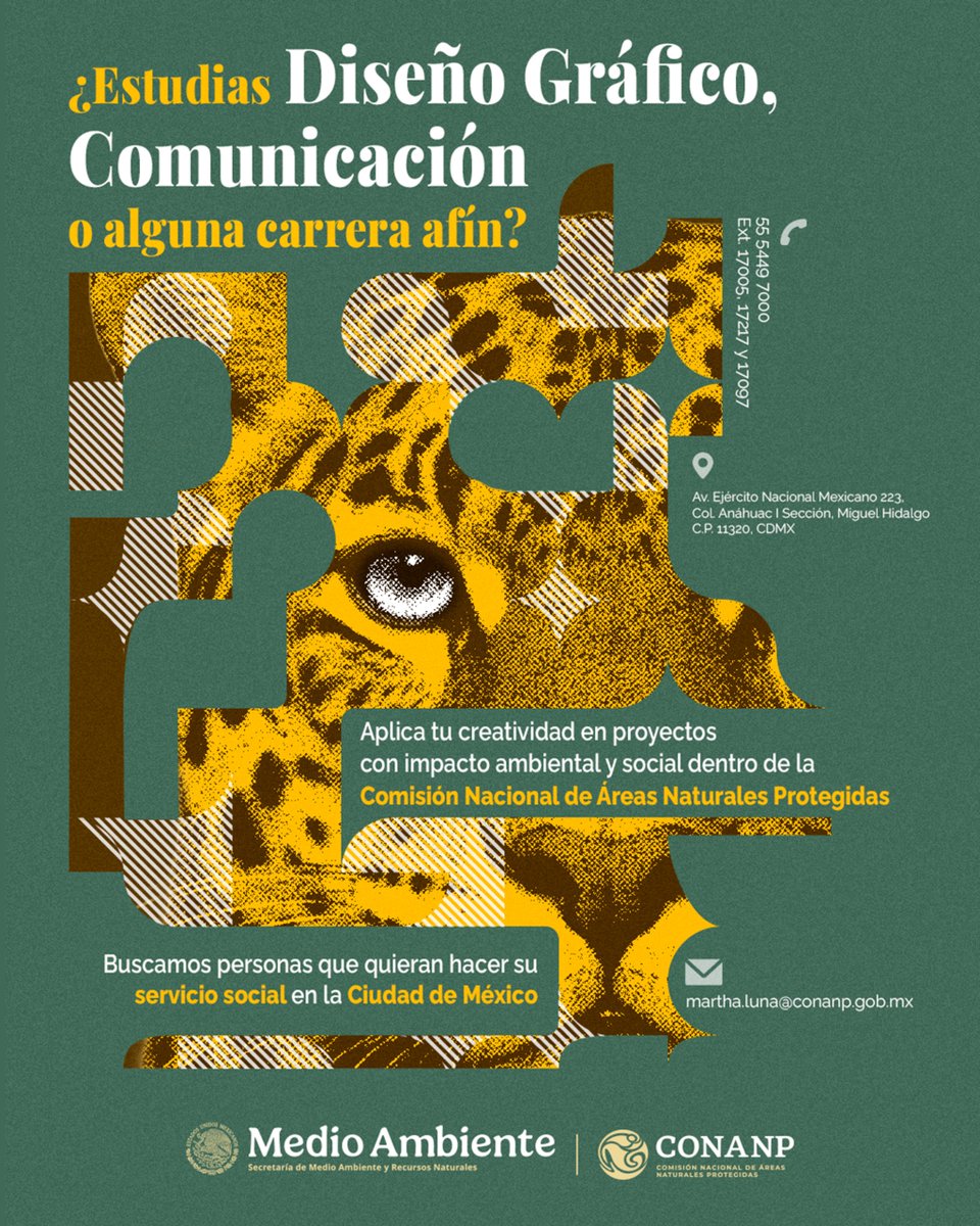 CONANP_mx's tweet photo. ¿Te gusta la naturaleza y estudias Diseño Gráfico o Comunicación? 💚✨

Realiza tu servicio social en la #Conanp. ✅

#SomosNaturaleza #ÁreasNaturalesProtegidas #ConservaciónHumanista #GuardianesDeLaNaturaleza 🌿🌊🌳🐆🦋🐞🦎🦩🦨 https://t.co/3KH84ZB4TP