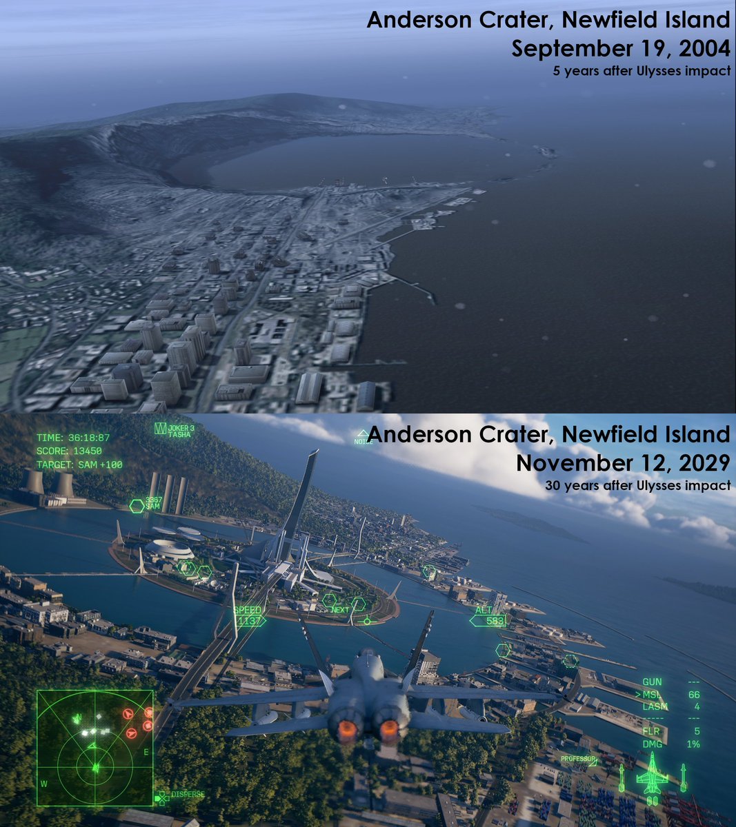 mikusingularity's tweet photo. [ Ace Combat 8 - spoiler for early mission ]
Newfield Island in 2004 and 2029
I like seeing how the same place has evolved into the future. https://t.co/DKE3hnmdma