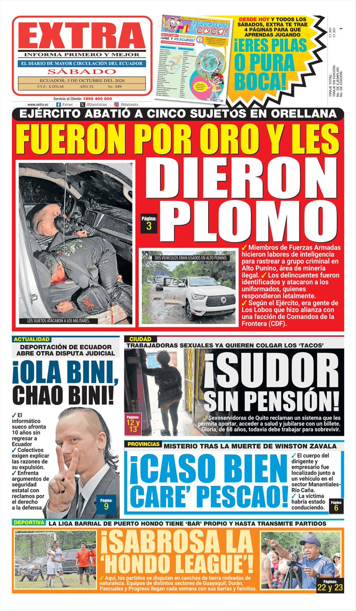 DiarioExtraEc's tweet photo. 🌛 ¡Buenas noches! Ya está lista la #PortadaEXTRA de mañana, sábado 3 de octubre de 2026. No olvides ir por tu ejemplar y mira en https://t.co/B6atVw0QGI las noticias 'más pepas' del día. https://t.co/8tNtnwox8L