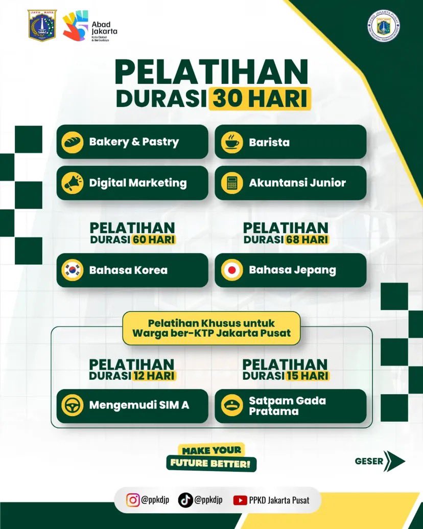 hrdbacot's tweet photo. Pusat Pelatihan Kerja Daerah Jakarta Pusat lagi buka berbagai macam pelatihan 

Coba cek di https://t.co/RdDCPNvfKx ya kalau mau joinn 

Source: https://t.co/CnrQkt4ihi https://t.co/CdK3ek946t