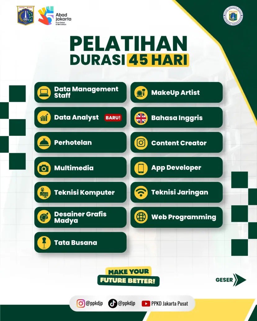 hrdbacot's tweet photo. Pusat Pelatihan Kerja Daerah Jakarta Pusat lagi buka berbagai macam pelatihan 

Coba cek di https://t.co/RdDCPNvfKx ya kalau mau joinn 

Source: https://t.co/CnrQkt4ihi https://t.co/CdK3ek946t