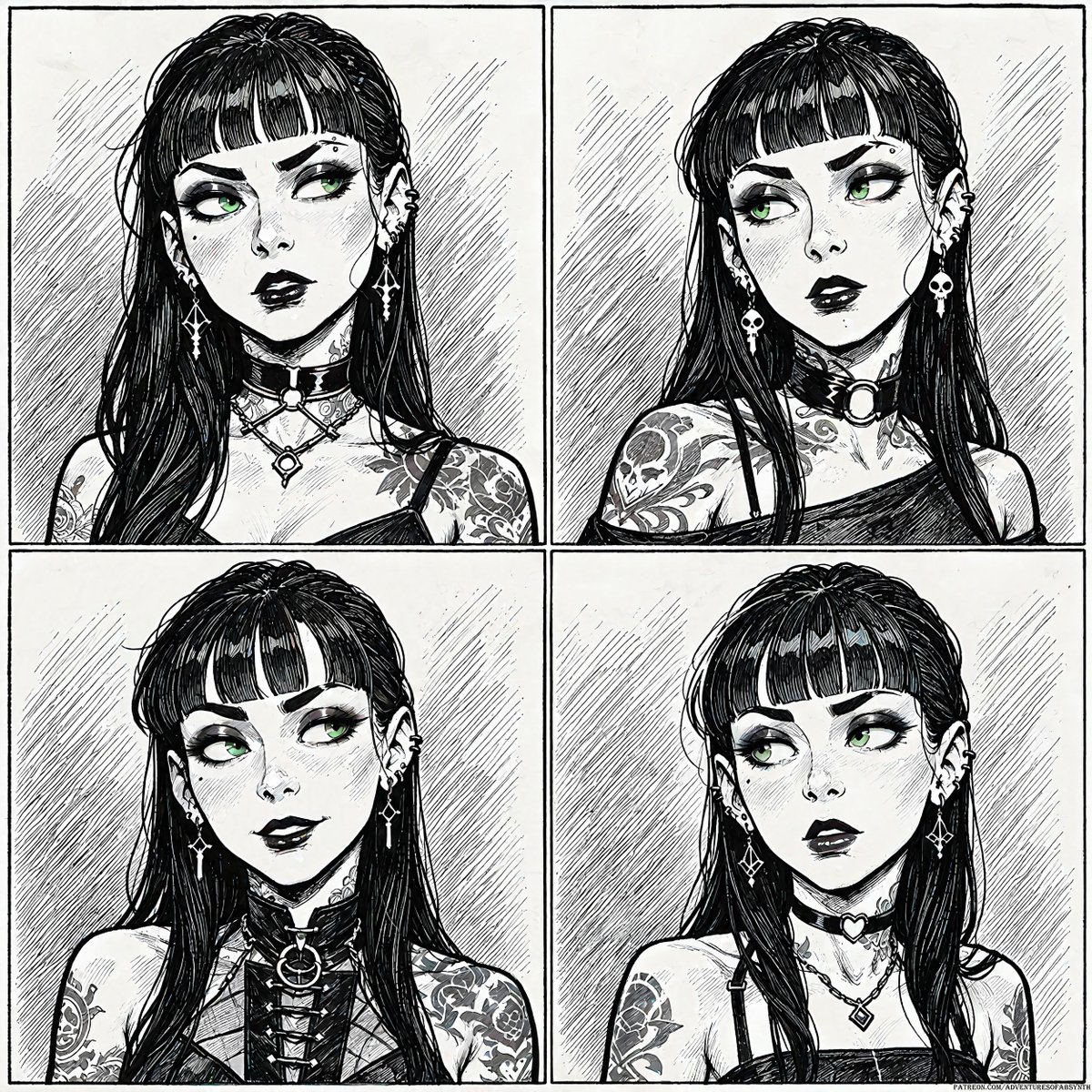 AoAbsynth's tweet photo. It's my two year anniversary as Absynth. I've made a lot of art in that time, but my true masterpiece is something I give only glimpses of. It's me. The trans woman goth baddie behind the cartoon. Celebrating with Absynth in Four Moods - Pencel Edition #Absynth #aiassistedartist #synthart #aiartcommunity