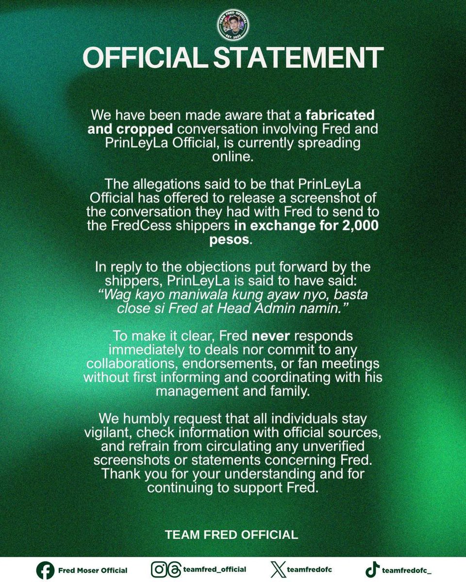 teamfredofc_'s tweet photo. OFFICIAL STATEMENT.

please remain vigilant 🥹💚 https://t.co/XGIkRzbz8W