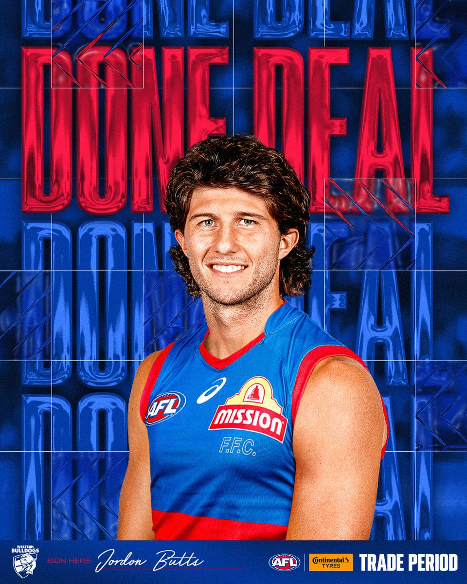 AFL's tweet photo. Butts is a Bulldog 🐶

Adelaide will receive a Second Round compensation selection (currently #33) in the 2026 Telstra AFL Draft as compensation.

Brought to you by Continental Tyres of Australia. https://t.co/RUTJRjNl4p