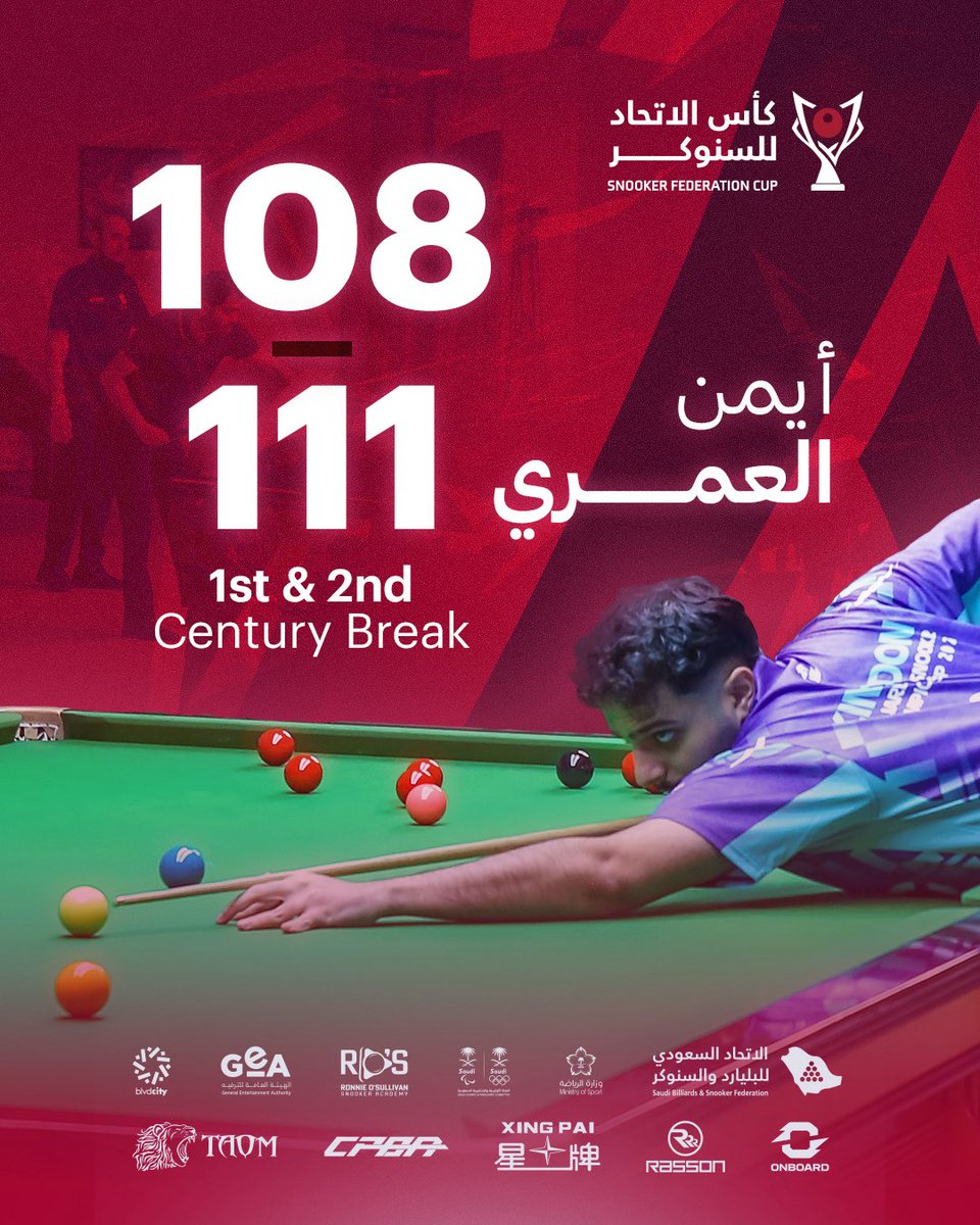 Saudi_CueSports's tweet photo. 🔴 أول وثاني سينشري في البطولة من نصيب الكابتن أيمن العمري 👏

بريك 108 و111 نقطة في اليوم الأول من كأس الاتحاد للسنوكر 2026.

#كأس_الاتحاد_للسنوكر https://t.co/VZdpulc8em