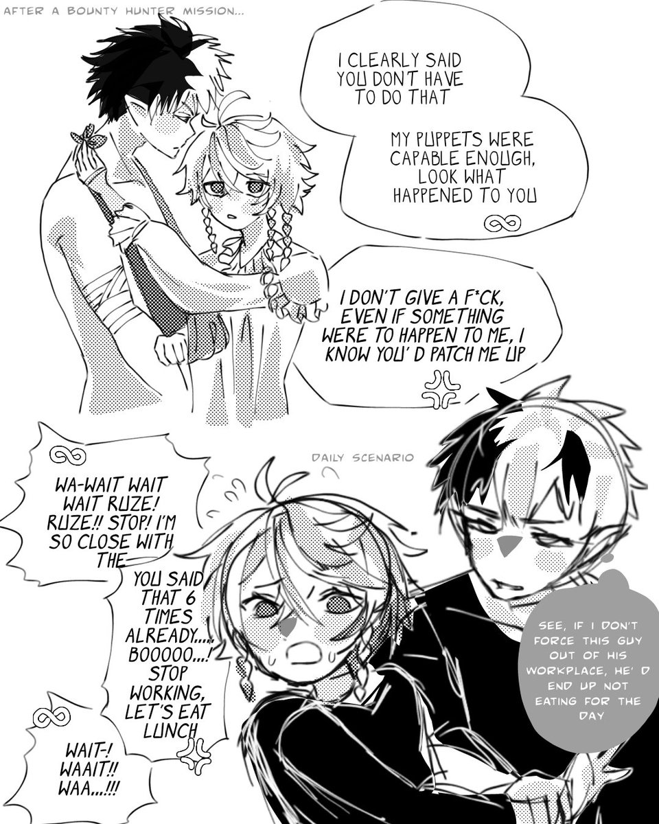 Unseisomayo's tweet photo. 【Taking care of each other】
#Stringhunter 
ˏˋ°•*⁀➷ 
   Tavie, the  puppeteer who also acts as the Bounty Hunger Unit's doctor. Rhuze, who keeps the doctor in check. 
(Yes that additional letter was intentional) https://t.co/bzExAEG24w