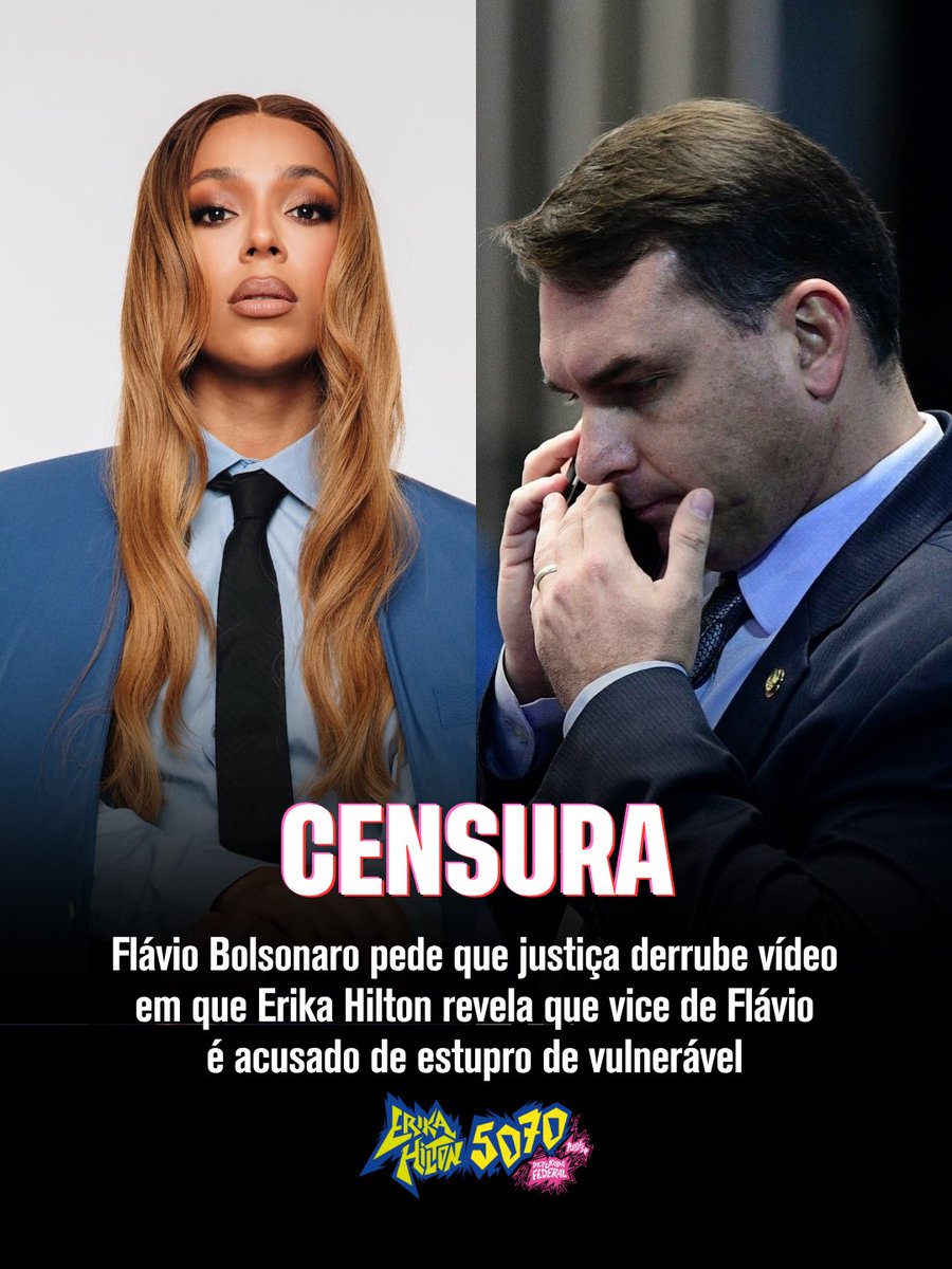ErikakHilton's tweet photo. 🚨 URGENTE!

Acabo de ser informada de que o candidato Flávio Bolsonaro acionou a justiça para me CENSURAR.

De acordo com a ação, eu não posso dizer que Alfredo Gaspar, candidato a vice de Flávio Bolsonaro, é acusado de estupro de vulnerável. A ação está com André Mendonça, o mesmo que aceitou me censurar porque defendi Nossa Senhora Aparecida e depois recuou.

Considero nojenta, abjeta e ultrajante essa tentativa de censura. É pública a informação de que Alfredo Gaspar, que será vice-presidente caso Flávio seja eleito, é acusado de estupro de vulnerável.

Se Flávio Bolsonaro não quer que as pessoas digam que seu candidato a vice é acusado de estupro de vulnerável, ele deveria ter escolhido outro vice. Não o Alfredo Gaspar, que é acusado de estupro de vulnerável.

Seguirei em defesa das mulheres e meninas do nosso país e denunciando toda e qualquer tentativa de censura contra as nossas vozes.

E, para que eu continue com esse trabalho, eu conto com o seu voto em mim, Erika Hilton 5⃣0⃣7⃣0⃣ ✅ e na @SofiaFavero_ 5⃣0⃣7⃣0⃣0⃣ ✅.

E, para derrotar Flávio Bolsonaro e seu vice, acusado de estupro de vulnerável, vote LULA 1⃣3⃣ ✅

Campanha eleitoral
CNPJ: 68.438.024/0001-60