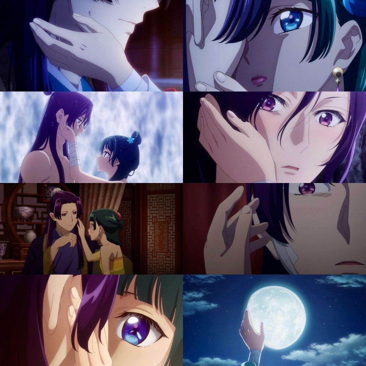 keiuzuki's tweet photo. Maomao gently caressing the moon in the OP in the exact way she has been caressing Jinshi's cheek in previous seasons is SO important to me.

This soft yet intimate gesture reflects the way she has has gradually come to express her affection and attraction toward him. https://t.co/EBYfxKI1eT