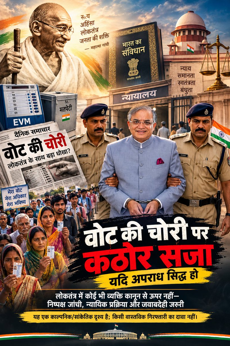 times46427's tweet photo. 🇮🇳 वोट की पवित्रता, लोकतंत्र की जिम्मेदारी

महात्मा गांधी के सत्य और अहिंसा के संदेश से प्रेरणा लेते हुए सवाल सीधा है—क्या लोकतांत्रिक व्यवस्था में किसी भी कथित अनियमितता की निष्पक्ष जांच और कानूनी जवाबदेही नहीं होनी चाहिए?

यदि किसी व्यक्ति के विरुद्ध चुनावी अपराध के विश्वसनीय साक्ष्य मिलते हैं और न्यायिक प्रक्रिया में अपराध सिद्ध होता है, तो कानून के अनुसार कार्रवाई और दंड होना चाहिए—पद या प्रतिष्ठा कानून से ऊपर नहीं हो सकती।

⚖️ निष्पक्ष जांच • न्यायिक प्रक्रिया • संवैधानिक जवाबदेही

यह पोस्टर काल्पनिक/सांकेतिक दृश्य है। इसमें किसी वास्तविक गिरफ्तारी या अपराध का दावा नहीं किया जा रहा है।.......

#VoteIntegrity #Democracy #Constitution #RuleOfLaw #ElectionIntegrity #मताधिकार #लोकतंत्र #संविधान #न्याय