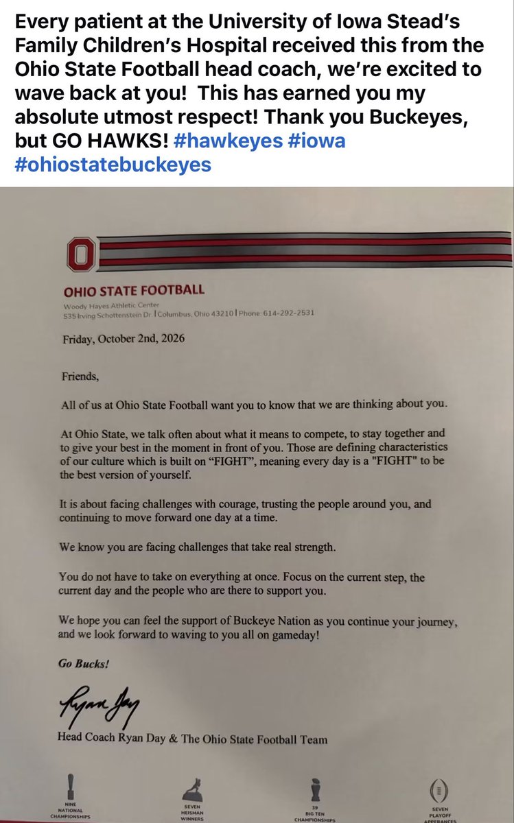 DavidEickholt's tweet photo. Every patient at the University of Iowa Stead’s Family Children’s Hospital received this from Ryan Day. 

One of the coolest things I’ve seen since I started covering Iowa in 2018. https://t.co/FlNCBldXda