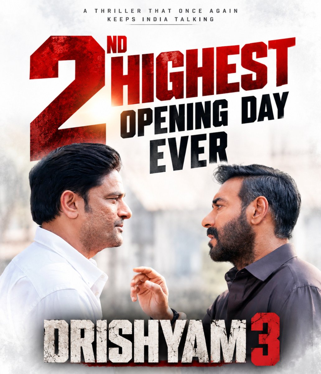 Apna_Bollywood's tweet photo. #Drishyam3 has shattered the opening-day box office, beating Jawan to become the 2nd-highest opening day ever, behind only Dhurandhar2.

And this is a non-action, content-driven thriller, making the achievement even more significant.

Almost nobody saw this coming. https://t.co/qaPqvu5NuN