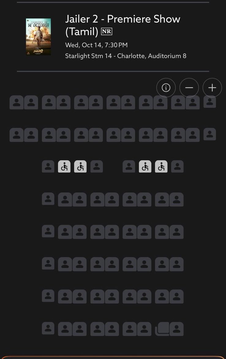 ShlokaEnts's tweet photo. Charlotte-la semma response🔥

#Jailer2 Premiere Show seats at Starlight STM 14 is filling up FAST…multiple auditoriums already seeing seats go🤩💥 https://t.co/PZPMkOO9HQ
