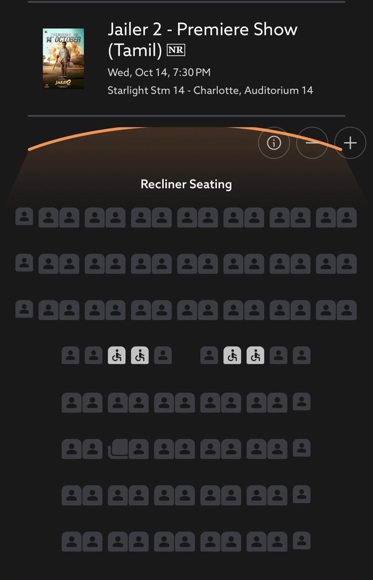 ShlokaEnts's tweet photo. Charlotte-la semma response🔥

#Jailer2 Premiere Show seats at Starlight STM 14 is filling up FAST…multiple auditoriums already seeing seats go🤩💥 https://t.co/PZPMkOO9HQ