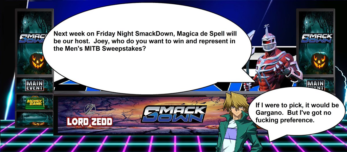 josh9180185266's tweet photo. Lord Zedd asks Joey who he wants to win while telling us that #MagicadeSpell will host #SmackDown next week. https://t.co/fReqtOuEPg