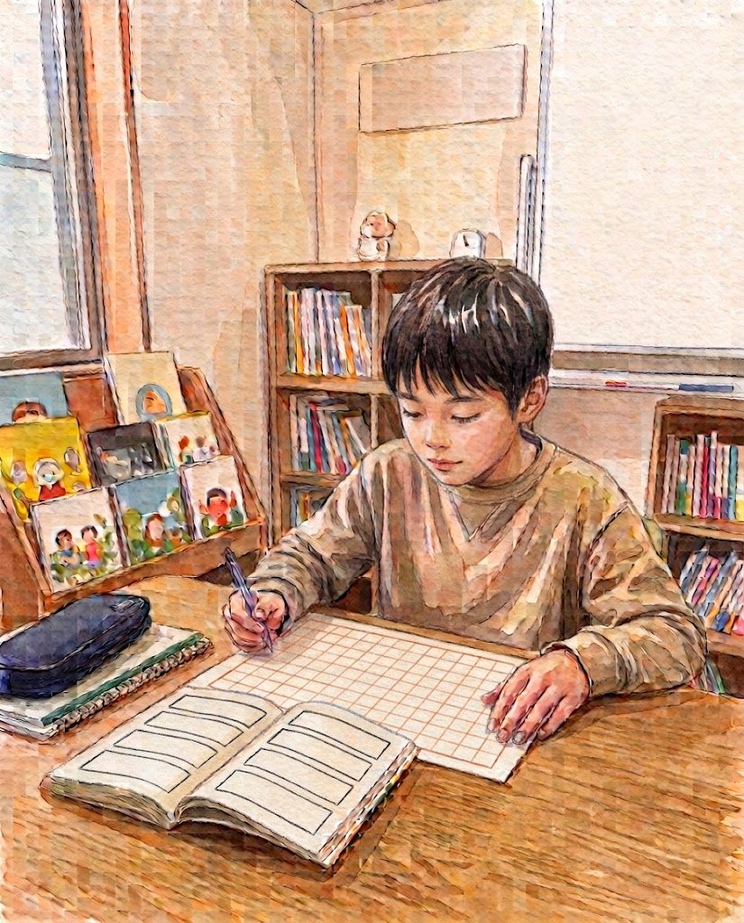 LiteraArts's tweet photo. 【「書いて終わり」にしない！自分で気づき、高める国語力】

要約の授業で『ロダンのココロ』を題材に取り組みました。

今回の授業では、小学5年生の生徒さんが「ルーブリック（評価基準）」を活用しながら要約に挑戦！

ただ文章をまとめるだけでなく、
「どこに気をつけて書いたか」を自分の言葉でしっかり説明してくれました。
さらに素晴らしかったのは、書き終えたあとの姿。
自分で読み返し、「ここはもっとこう表現したほうがいいかも」と、自ら改善点に気づくことができたのです。

また、授業の合間の読書時間にはこんな素敵な一面も！
いま読んでいる本と、同じ作者の別シリーズにつながりがあることに気づき、思わず感激した様子を見せてくれました。
「ただ読む」から「世界観や作者の意図に気づく」へ。
読書の深まりを感じる瞬間でした。

要約とは、文章の表面をなぞることではありません。
「何が大切か」を自分で判断し、言葉を選び直す作業です。
特に高学年の時期に、書いたものを自分で読み返し、調整する経験を重ねることで、その力は少しずつ、けれど確実に確かなものになっていきます。

「自分の言葉で表現する楽しさ」「自分で気づく面白さ」を、リテラで一緒に体験してみませんか？

#国語教室 #小学5年生 #思考力  #自立学習 #リテラ