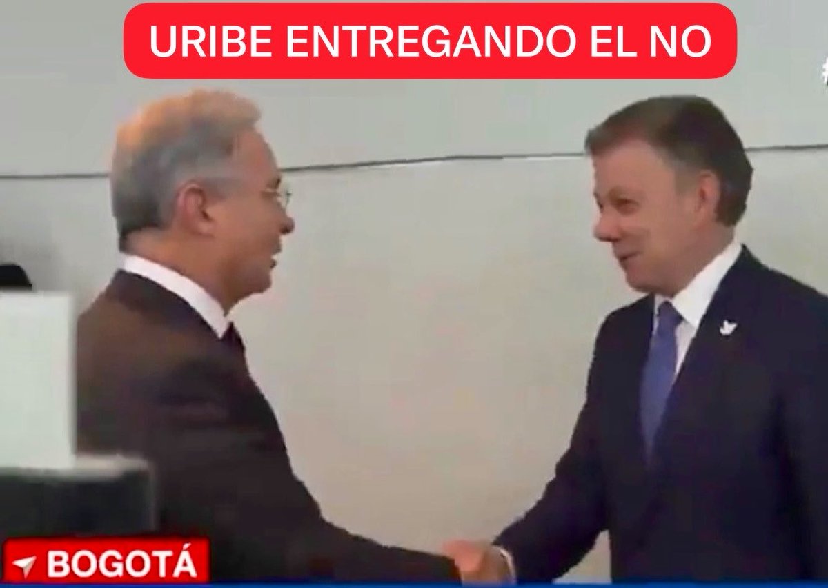 AdamSmithFree's tweet photo. 5 de octubre de 2016: el día en que se jodió Colombia.

La reunión fue el miércoles 5 de octubre de 2016, en la Casa de Nariño, a partir de las 11:30 a.m.

El plebiscito se había realizado el domingo 2 de octubre de 2016. 

El NO ganó por un margen estrecho: 6.431.376 votos (50,21 %) frente a 6.377.482 del Sí (49,78 %). 

El martes 4 de octubre, Santos anunció la cita e invitó a Uribe, “con ánimo constructivo��.  
 
Uribe confirmó ese mismo día que la había pedido y que se la concedieron para el miércoles a las 11:30.