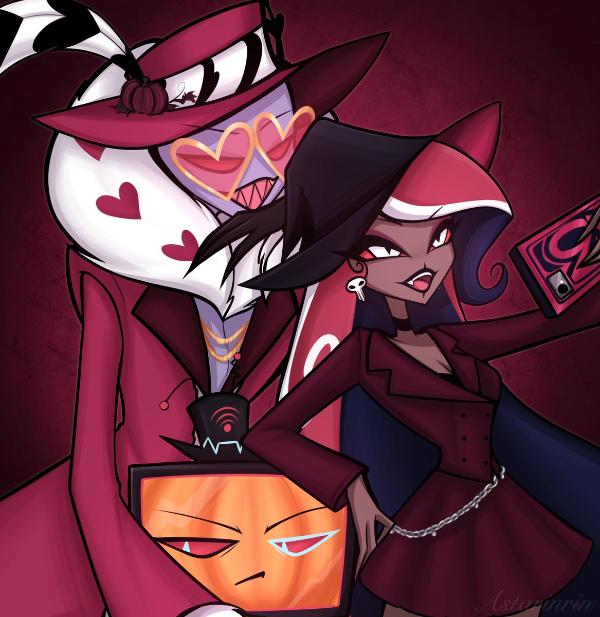 AstaRinRinn's tweet photo. #VGtober26 
Day 2 - Pumpkin with 3V 🎃

#HazbinHotelFanarts #HazbiHotel #Vox #Valentino #Velvette https://t.co/xYiQ9oK2tX