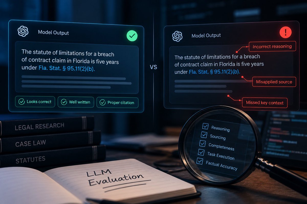 kellyondev's tweet photo. The deeper I get into LLM evaluation, the more interesting the gap between “correct output” &amp; “good model behavior” becomes.

An answer can look right while the reasoning, sourcing, or task execution underneath is wrong.

LLM evals are such an interesting engineering problem. #AI https://t.co/C1eiwARoMi