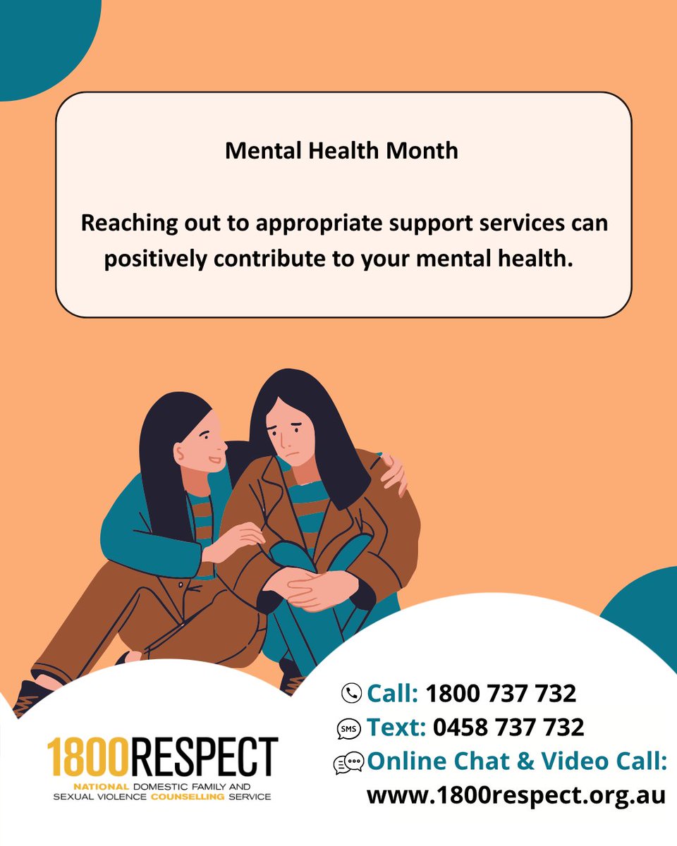 1800RESPECT's tweet photo. October is Mental Health Month, acknowledging the importance of mental health, and the supports that are available.

1800RESPECT recognises that traumatic events can impact your mental health and wellbeing. If you are worried about your mental health, there are a range of services that can support you.

If you or someone you know is experiencing emotional distress, you can contact Lifeline 24/7 on 12 11 14 or visit https://t.co/BHzQAyOCIN.

If you or someone you know is affected by domestic, family or sexual violence, 1800RESPECT is available for counselling, information and support.

To start a conversation:
📞 Call 1800 737 732 
📱 Text 0458 737 732 
💻 Visit https://t.co/65chOxKh8h for online chat and video call services

#1800RESPECT #counselling #support #relationships #MentalHealthMonth