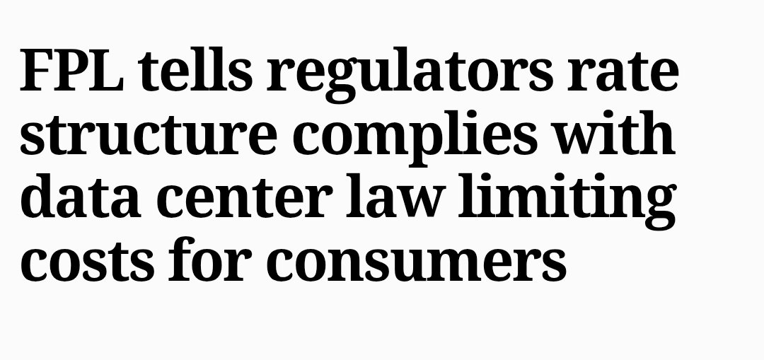 Arkadalo2's tweet photo. Data centers want Florida power. They do not get to stick you with the bill.

FPL just told state regulators its rate plan already matches the new law DeSantis signed. SB 484 says regular customers do not pay for the extra load from big data centers. The Public Service Commission still has to sign off, but the filing is on the table.

Here is what a data center has to do before FPL hooks it up. Pay for the engineering study. Cover 100 percent of the new power plants needed to serve it. Build, own, and run its own substation. Pay up front for the lines and gear. Sign a 20 year contract. Eat an exit fee if it bails early. There is also a minimum bill so it pays for the capacity it reserved even if it does not use all of it.

That is the whole point. These projects burn huge power. Other states let the utility build for Big Tech and slide the cost onto houses and small businesses. Florida wrote the rule the other way. The company that wants the juice pays for the juice.

Your light bill is high enough. A server farm in the next county should not make it higher. 🇺🇸