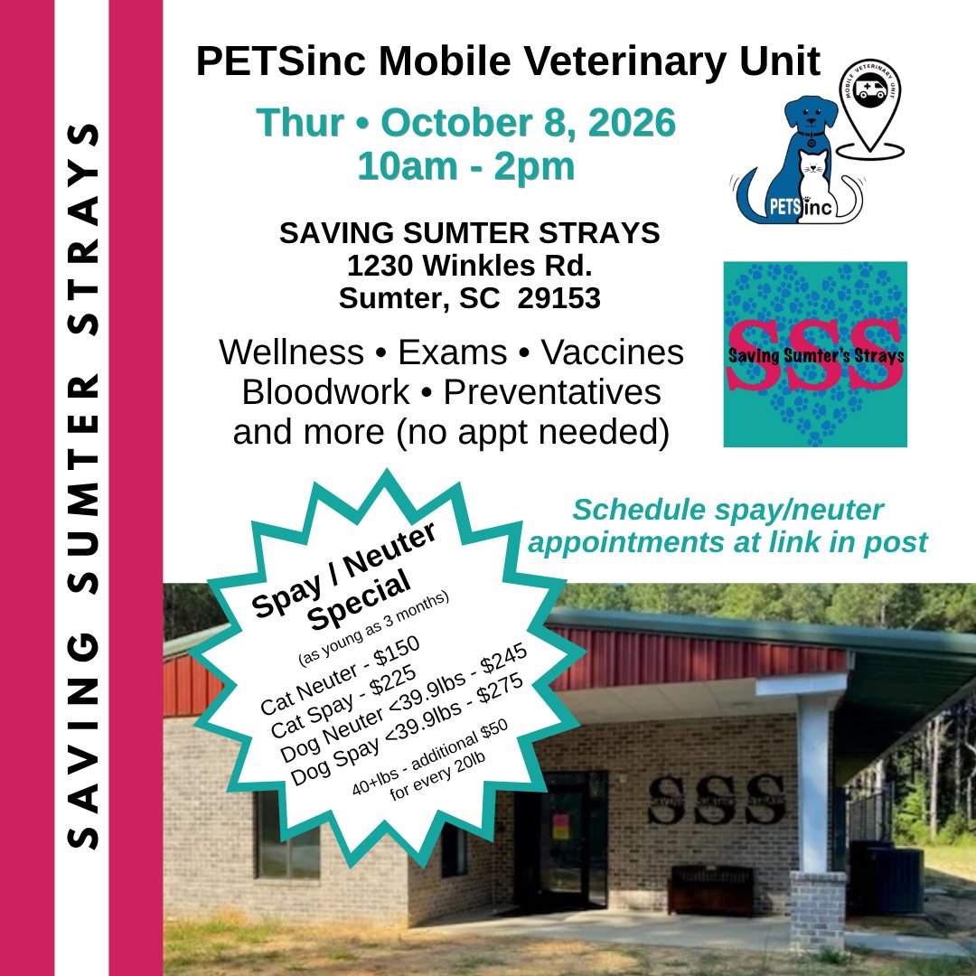 PETSincCarolina's tweet photo. The PETSinc Mobile Veterinary Unit will be at #SavingSumtersStrays in Sumter, SC on Thu, Oct. 8 from 10am - 2pm with affordable spay/neuter, wellness, sick, vaccines, preventatives, and more!!
Schedule spay/neuter here:
https://t.co/OBwFlwqw0v…
No appt needed for wellness. https://t.co/3jrLxJxLj1