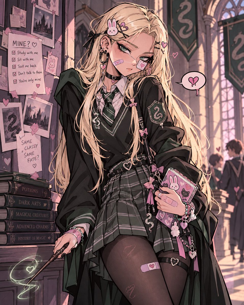 YeongukC's tweet photo. Malfoy says she’s completely normal about Potter.
her accessories, notes, phone case and emotional stability disagree. 💚💗
#Malfoid #FemDraco #JiraiKei https://t.co/RoO8KqFAAj