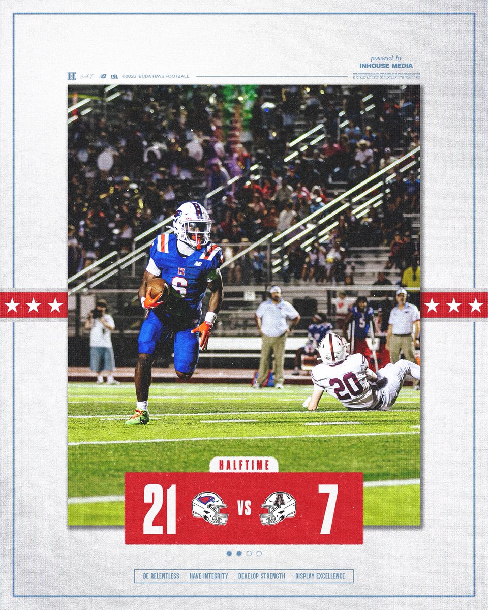 BudaHaysFB's tweet photo. At the Half.
@coachmarktorres
#RISE #BudaHaysFootball
Powered by @inhousemediatx #BuiltWithin https://t.co/jeIhqbDRai