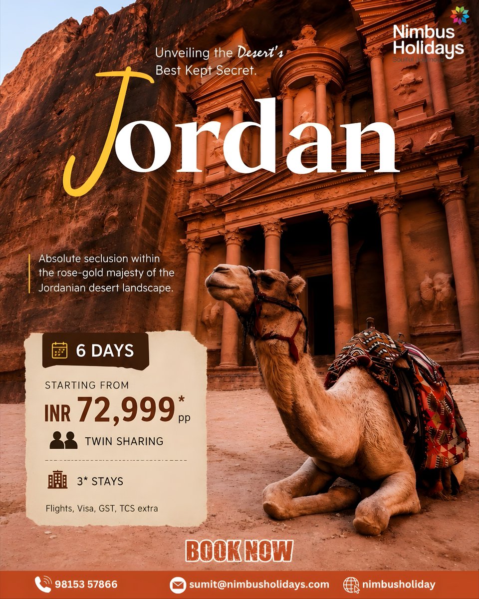 SulemaKesskl's tweet photo. Jordan—where history meets extraordinary beauty. Explore ancient wonders, desert landscapes, stunning canyons, serene waters, traditional markets and timeless culture. Make Jordan your 2026 travel story. Contact: 9815908007 | Nimbusholidays@gmail. https://t.co/v7M3R7LId0