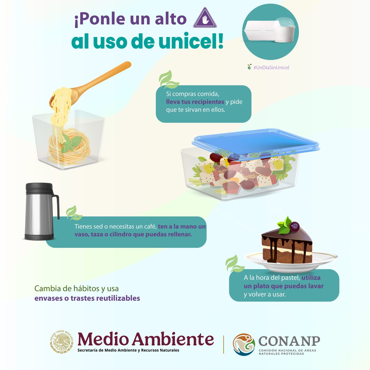 CONANP_mx's tweet photo. Dile adiós al unicel y elige opciones más sostenibles. Cada pequeño cambio cuenta para cuidar nuestro medio ambiente. ❌🍽️

¡Invita a tu familia y amistades a que se sumen a la campaña #UnDíaSinUnicel! 👩‍👩‍👧‍👦💚✨

#SomosNaturaleza #GuardianesDeLaNaturaleza 🌿🌊🐢🐠🦅 https://t.co/6lLYUQfPdT