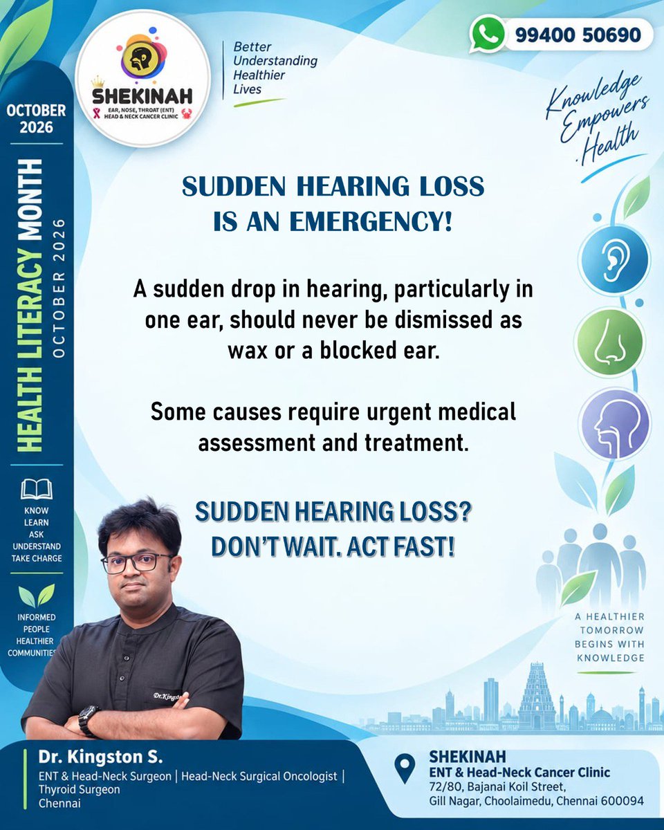 Shekinah_ENT's tweet photo. Health Literacy Month – Oct '26
#HealthLiteracyMonth
#PatientEducation
Dr. Kingston S.
ENT & Head-Neck Surgeon,
SHEKINAH ENT & HNCC, Choolaimedu.
#ENTspecialist
#ShekinahENT
#DrKingstonS
#DrKingston
#ENTsurgeon
#ENTdoctor
#ENTcare
#ENT
#KauveryHospitalAlwarpet
#KauveryHospital https://t.co/FBhuPLc1jI