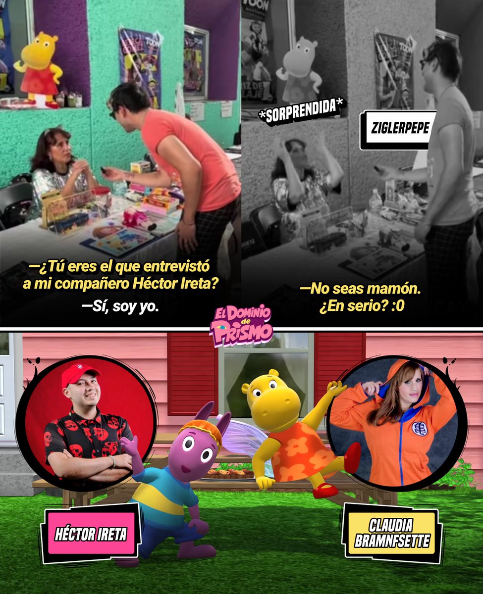 DominiodePrismo's tweet photo. 🦛🟡 La actriz de doblaje Claudia Bramnfsette, quien dio voz a Tasha en Los Backyardigans, reconoció al instante al chico que meses atrás había entrevistado a Héctor Ireta.

La actriz se mostró muy amable y, entre risas, le dijo que le daría la entrevista que quisiera.

💬 «Soy la primera Backyardigan que da una entrevista así. ¡Con mucho gusto! No me importa que no sepas cómo me llamo».