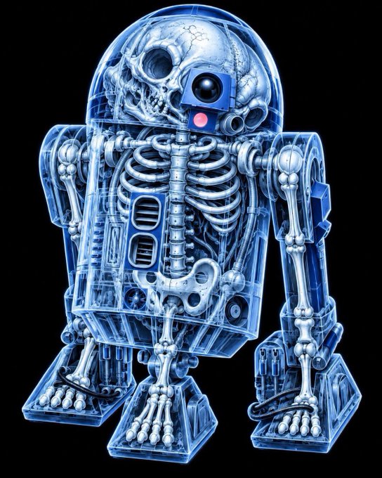 A transparent blue toy figure that combines an R2-D2-style robot body with a human skeleton, featuring a skull head with a camera lens eye.