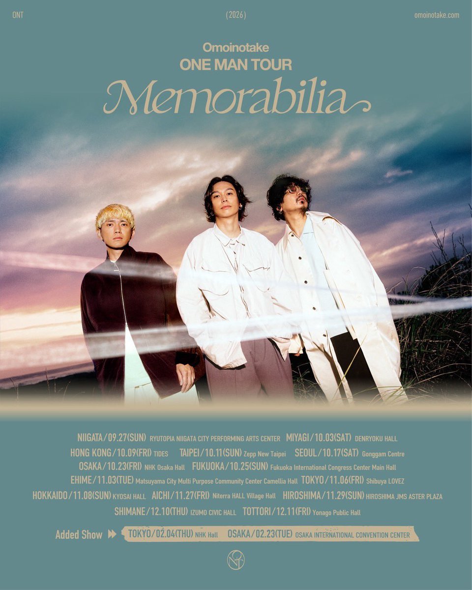 Omoinotakey's tweet photo. …………………………
　Omoinotake 
ONE MAN TOUR 
   “Memorabilia”
…………………………✍️

本日宮城公演！

2026年10月3日（土）
開場17:00 / 開演17:30
宮城　仙台電力ホール

先行物販 14:30-16:30

ぴあ : https://t.co/7BOE2uSKNR
e+ : https://t.co/TyAi2FejGL
ローチケ : https://t.co/v6bV3ZoyIR
 
🎟️17:00以降は、会場の「当日受付」にてお買い求めください！

#Omoinotake_Memorabilia