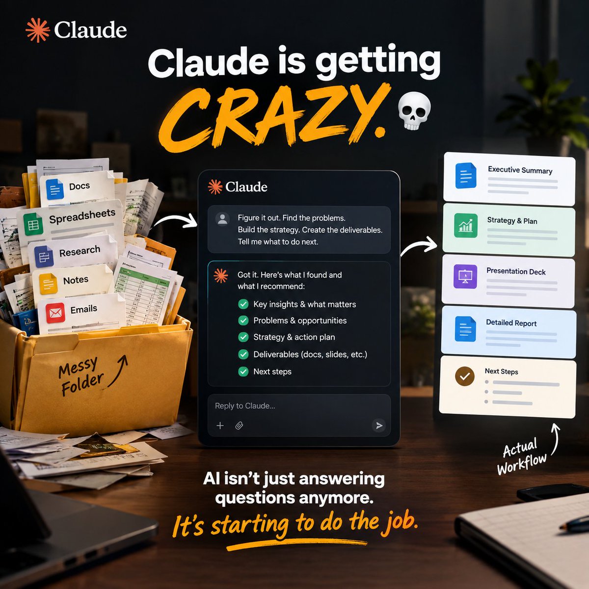 brandonhayes_ai's tweet photo. Claude is getting CRAZY. 💀
Give it a folder full of messy docs, research, spreadsheets & notes…
Then say:
“Figure it out. Find the problems. Build the strategy. Create the deliverables.”
And it actually does.
AI isn’t just answering questions anymore.
It’s starting to do the job. 🤯