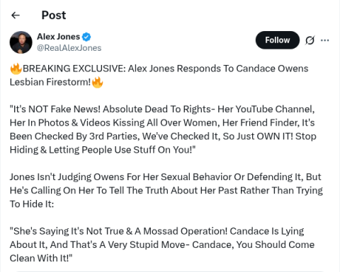 Gaypublicans's tweet photo. 🚨 Alex Jones dubbed Candace lesbian rumors "Pussygate" and said OWN IT. Still unverified. https://t.co/JfJcvcDEdI