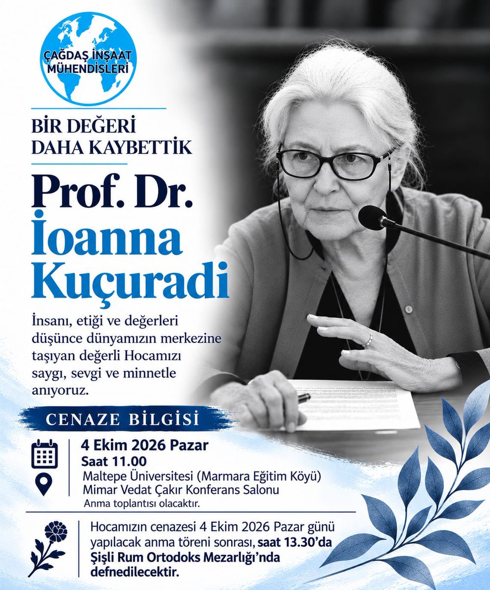 cagdasinsaatmuh's tweet photo. İOANNA KUÇURADİ’Yİ KAYBETTİK
Türkiye’nin önemli felsefecilerinden, düşünce dünyamızın değerli isimlerinden Prof. Dr. İoanna Kuçuradi’yi kaybetmenin üzüntüsünü yaşıyoruz.
İoanna Kuçuradi; insan hakları, etik ve değerler üzerine çalışmalarıyla yalnızca felsefe alanına değil, toplumun düşünme ve sorgulama kültürüne de önemli katkılar sundu. İnsana, insan onuruna ve değerlere dayalı bir yaşamın önemini yıllar boyunca büyük bir özenle anlattı.
Mühendislik mesleğinin de yalnızca teknik bilgi ve beceriden ibaret olmadığını; insan, toplum, etik ve sorumlulukla birlikte düşünülmesi gerektiğini bizlere hatırlatan düşünceleriyle meslek dünyamızda da özel bir iz bıraktı.
Kendisini, 2000'li yıllarda TMMOB İnşaat Mühendisleri Odası İstanbul Şube Yönetim Kurulu tarafından düzenlenen “Cumartesi Söyleşileri” kapsamında ağırlamış; mühendislik, etik, insan ve değerler üzerine gerçekleştirdiğimiz söyleşilerde meslektaşlarımızla buluşturmuştuk.
Kuçuradi’nin bıraktığı en değerli miraslardan biri belki de düşünmenin ve sorgulamanın hiç bitmeyen bir sorumluluk olduğunu hatırlatmasıdır.
Aramızdan ayrılışıyla önemli bir değerimizi kaybettik. Ancak düşünceleri, eserleri ve yetiştirdiği insanlar aracılığıyla yaşamaya devam edecek.
Prof. Dr. İoanna Kuçuradi’yi saygı ve sevgiyle anıyor; ailesine, yakınlarına, öğrencilerine ve felsefe dünyamıza başsağlığı diliyoruz.
Çağdaş İnşaat Mühendisleri