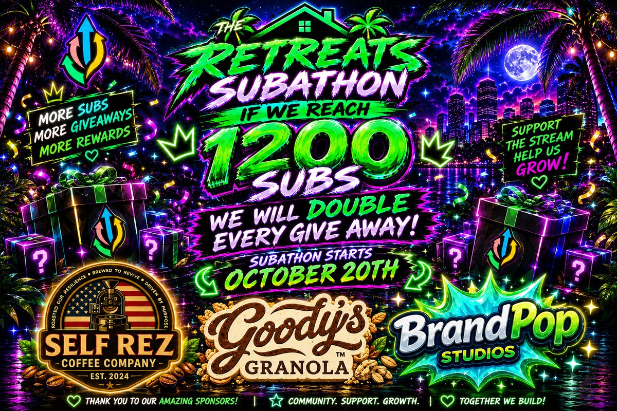 Retreats_Home's tweet photo. 🔥🌴 THE RETREATS SUBATHON IS COMING! 🌴🔥

October 20th, we're going ALL OUT! 🎉

🎯 OUR BIG GOAL: 1,200 SUBS!

🎁 Hit 1,200 subs and we DOUBLE EVERY GIVEAWAY!
💚 More subs = MORE GIVEAWAYS!
🏆 More support = MORE REWARDS!
🌴 More community = EVEN MORE FUN!
And we're bringing some amazing sponsors along for the ride! Huge thank you to:
☕ Self Rez Coffee Company
🥣 Goody’s Granola
🎨 BrandPop Studios
Your support means the world to us as we continue growing, creating opportunities, supporting creators, and building a community that feels like HOME. ❤️

🚨 OCTOBER 20TH — SAVE THE DATE!

Let's make this first Retreats Subathon one to remember!
🔥 1,200 SUBS. DOUBLE GIVEAWAYS. ONE MASSIVE SUBATHON. 🔥
🔴 Watch LIVE: https://t.co/LMYw1tEZ5K

#RetreatsCommunity #TheRetreats #Subathon #KickStreaming #Giveaways #SupportSmallStreamers #GamingCommunity #LiveStreaming
