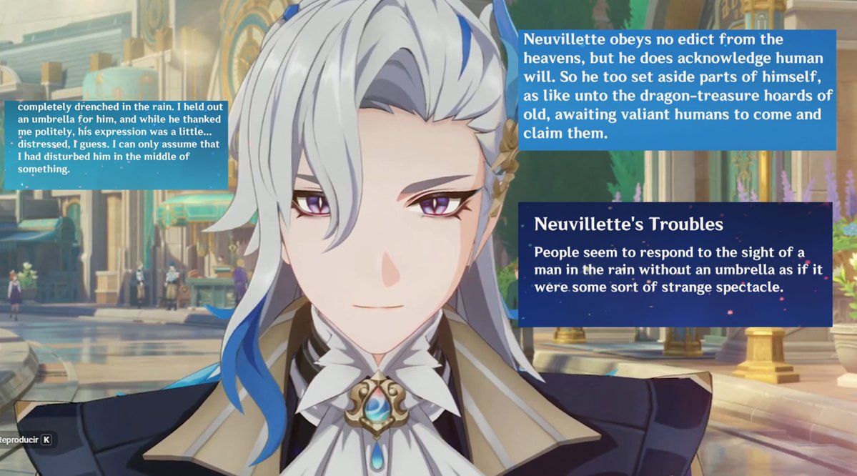 CourtFourtress's tweet photo. I love when Neuvillette draconic nature is brought up.
Like we need to know more about it.
I like how they describe Neuvillette hoarding his power waiting for a human to claim a spec of it (a vision) I imagine him curled prideful and powerful seeing  small human come for it.
How it bothers him that others judge him for allowing himself to getting to get soaked, because water relaxes him as the hydro dragon. When he finally was able to return to the rain after denying himself it for 500 years, that very first day he returned he was covered him with an umbrella and he was distressed.
how he complains about the desert and dry/oily foods due to his nature.

it sounds straight foward but i wonder what other draconic quirks does he have, someone brought up that him liking bacon was kinda obvious cause he is a dragon, Neuvillette is going to like meat naturally. Another thing i would like to know is about his antennae, they are never brought up but theyre for water, does it bother him to have them in the air? does he turns around in circles before laying down?