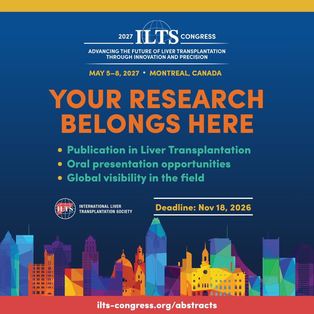_ILTS_'s tweet photo. Your research belongs here. Abstract submissions for #ILTSCongress2027 in Montreal are open until November 18. Publication in Liver Transplantation, oral presentations, and global visibility await. 

Submit now: https://t.co/SFzUtxhWWd

#LiverTransplantation #AbstractSubmission https://t.co/EErxivXH3D