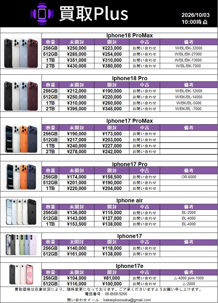 kaitoriplus's tweet photo. 10/03 買取Plus　買取強化
金額確認→HP:https://t.co/BK3vk3VklJ
iphone 18promax 256：250000
iphone 18promax 512：285000
iphone 18pro 256：212000
iphone 18pro 512：250000
iphone 17promax 256：190000
iphone 17promax 512：217000
iphone 17pro 256：174000
iphone 17pro 512：201000
iphone Air 256：136000
iphone 17 256：140000
iphone 17e 256：104000
#iPhone18ProMax
#iPhone18Pro
#大阪日本橋
#高価買取
#買取Plus