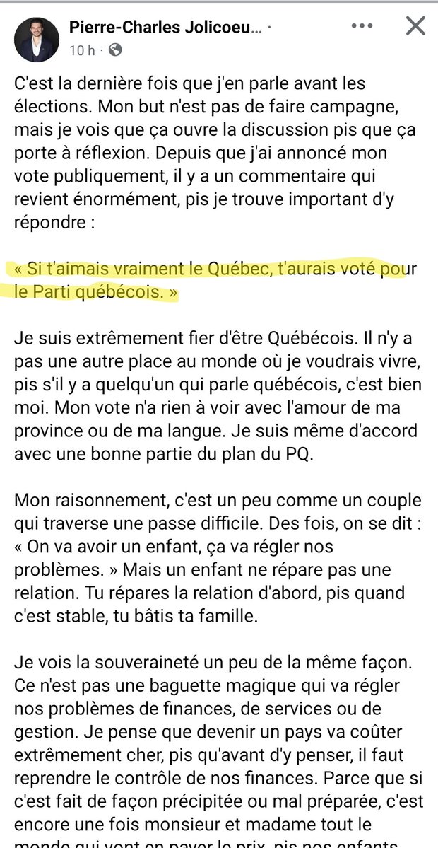 JJuteux's tweet photo. PC Jolicoeur est un gentleman

Fek il a fait un post de gentleman  pour dire que depuis qu'il a dit soutenir @E_Duhaime il se fait harceler par des péquistes qui croient que tout ceux qui votent pas PQ sont des ennemis de la futur nation

Il est plus patient que moi https://t.co/UUbIML8ITP