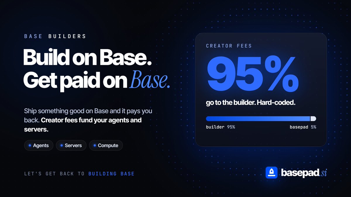 basepadsi's tweet photo. Something bigger than a successful $BASEPAD launch happened today.

Base builders have been forced to build in places they don't belong, just to get paid.

basepad showed them that if you build something good on Base, it pays you back.

Builders, you keep 95% of creator fees. That's real money to run your agents and servers.

Let's get back to @buildonbase  🔵