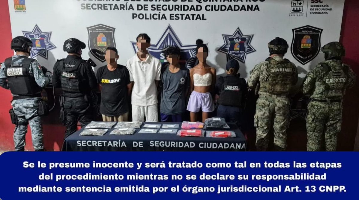 SSC_QROO's tweet photo. Se realizó la detención de Eduar Antonio “N”, Ernesto “N”, Dairon de la Caridad “N” y Dayana “N”, por su probable participación en delitos contra la salud.

#UnidosParaTransformar
#QuintanaRooCeroImpunidad
#NoHayImpunidad
#QuintanaRooSeguro

📲 https://t.co/Na05omXqzQ https://t.co/zNsbxXCgCG